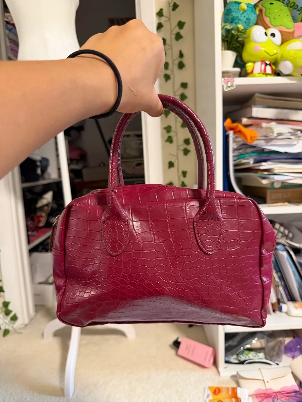 Brand New Textured Faux-Croc Small Satchel in Berry